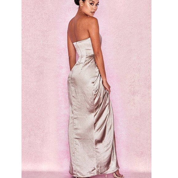 House Of CB 'Sigourney' Mink Satin Draped Front Maxi Dress NWOT - Picture 3 of 15